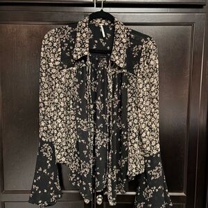 Free People Black and Cream Floral Blouse